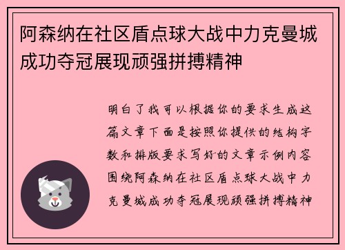 阿森纳在社区盾点球大战中力克曼城成功夺冠展现顽强拼搏精神